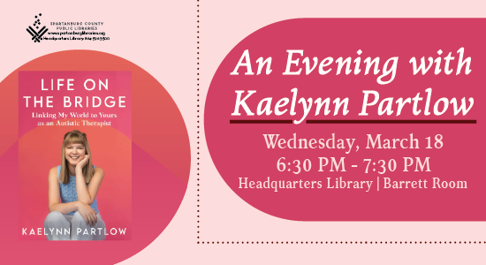 An evening with Kaelynn Partlow event card. A woman sitting with her elbow resting on her knee and her chin resting on her hand smiles from the cover of her book Life on the Bridge.
