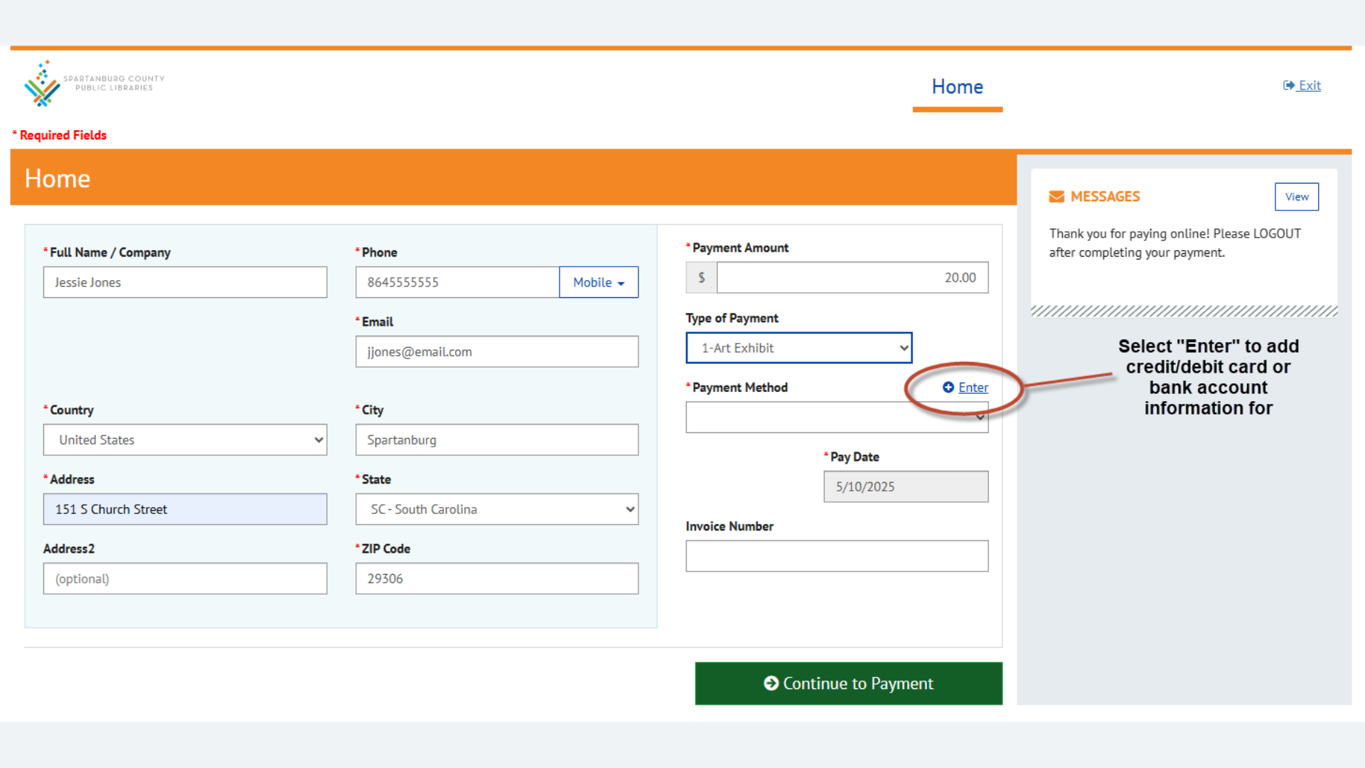 Select enter to add bank account or credit card.