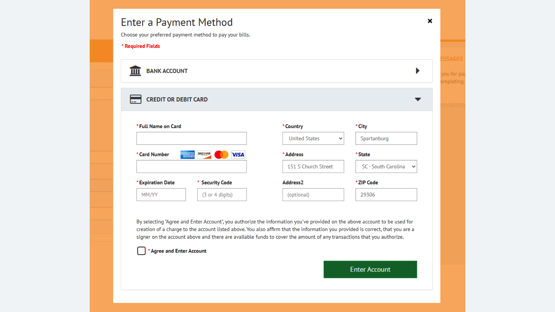 For credit card, enter credit card number, expiration date, 
            security code, name on card, billing address including country, and check the box agreeing to terms. Click enter account.