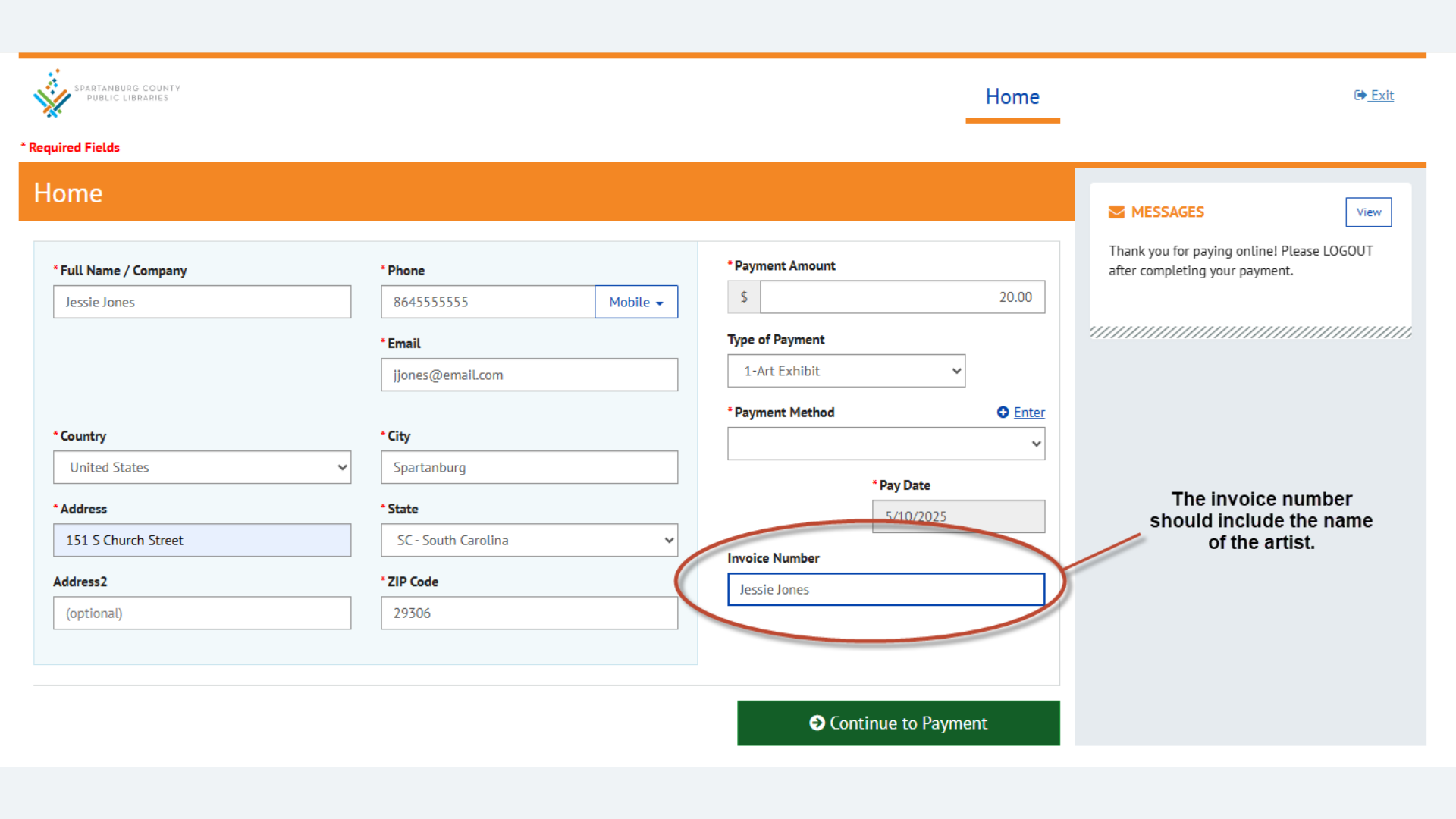 Enter artist's name in invoice number field.